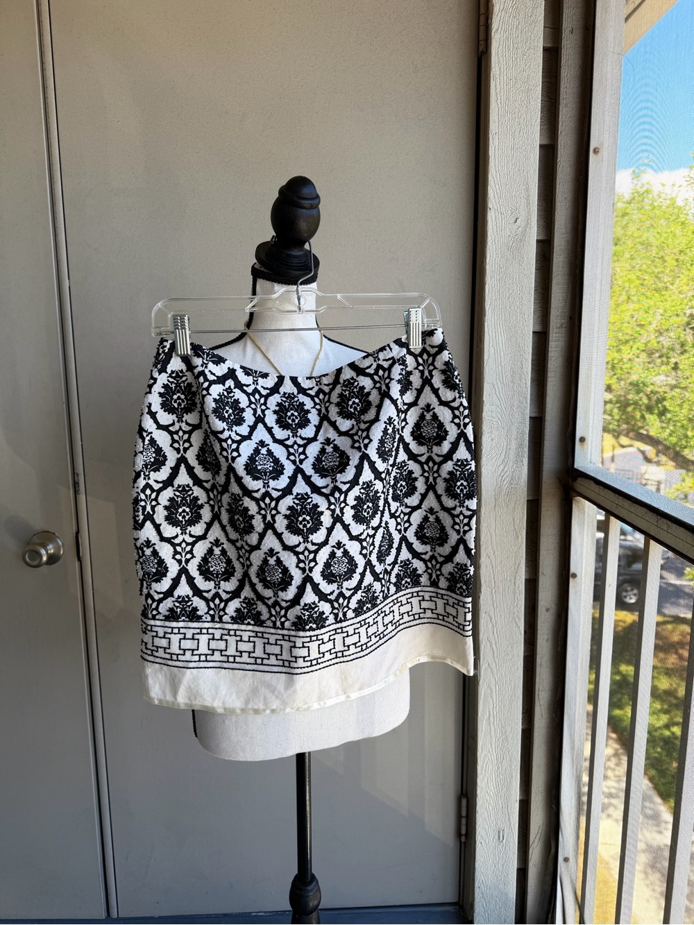 Vintage SilkLand Black and White Beaded Damask Silk Linen Skirt